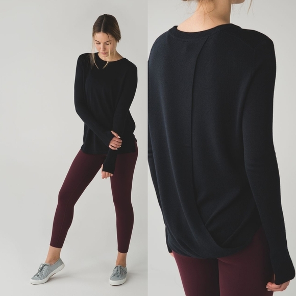 lululemon athletica Sweaters - Lululemon Bring It Backbend Sweater Black Open Back Draped Cashmere Blend Tencel